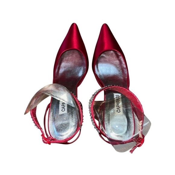 Capparos Red Silk Zonk Pointed stone Heel with Beaded Ankle Strap Wmn Sz 10 READ - Picture 6 of 13